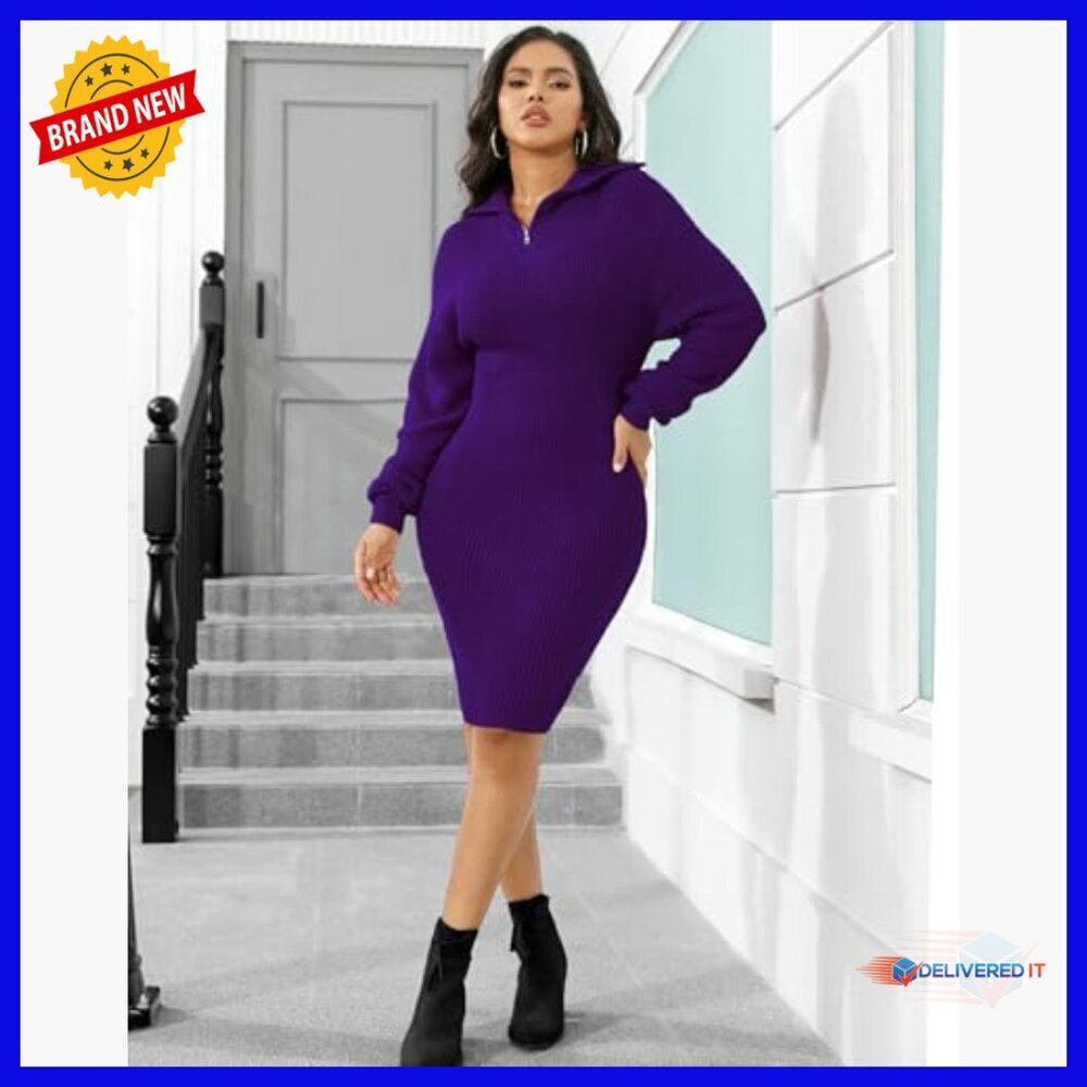 V-Neck Ribbed Bodycon Sweater Dress Long Sleeve Pullover Mini Dress - Picture 3 of 7